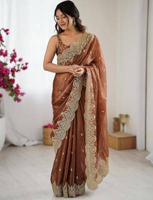 Brown embellished sequinned  chiffon designer saree 5