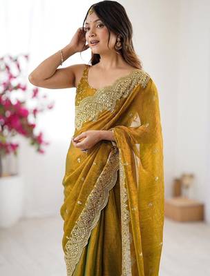 Mustard embellished sequinned chiffon designer saree 1