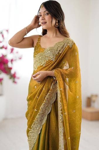 Mustard embellished sequinned chiffon designer saree