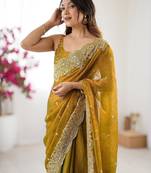 Mustard embellished sequinned chiffon designer saree