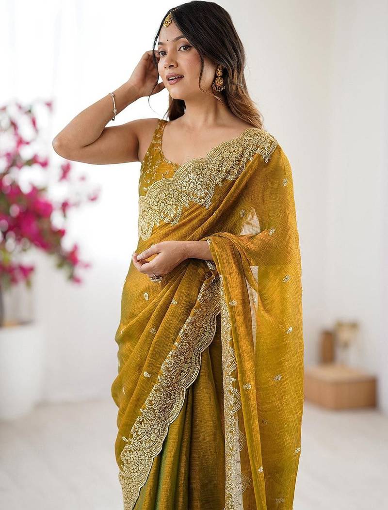 Mustard embellished sequinned chiffon designer saree