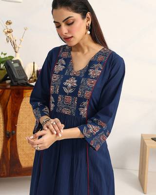 women ethnic motifs embroidered regular thread work cotton blend kurta with palazzos & with 6