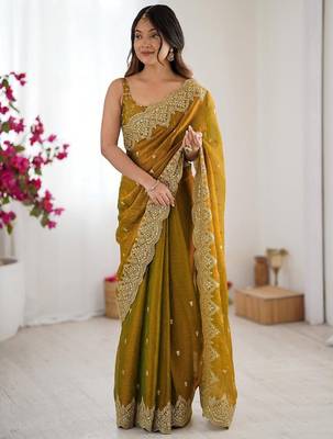 Mustard embellished sequinned chiffon designer saree 2