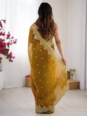 Mustard embellished sequinned chiffon designer saree 3