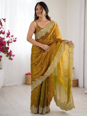 Mustard embellished sequinned chiffon designer saree 4