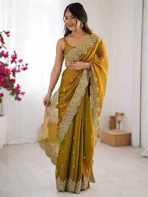 Mustard embellished sequinned chiffon designer saree 5