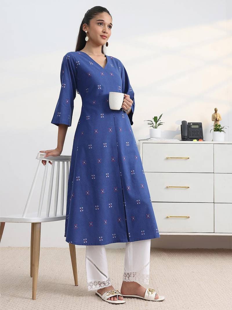 libas blue woven design a-line kurta set