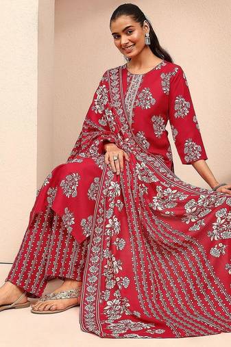 women floral printed regular thread work kurta with trousers & with dupatta
