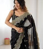 Black embellished sequinned chiffon designer saree