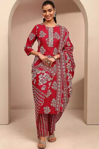 women floral printed regular thread work kurta with trousers & with dupatta
