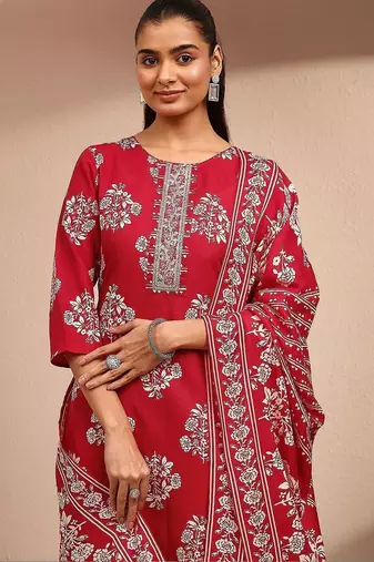 women floral printed regular thread work kurta with trousers & with dupatta