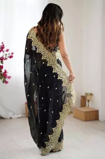 Black embellished sequinned chiffon designer saree