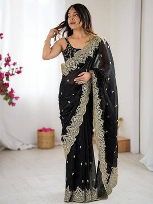 Black embellished sequinned chiffon designer saree 3