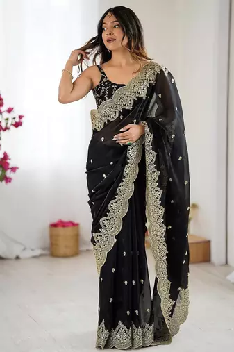 Black embellished sequinned chiffon designer saree