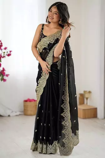 Black embellished sequinned chiffon designer saree
