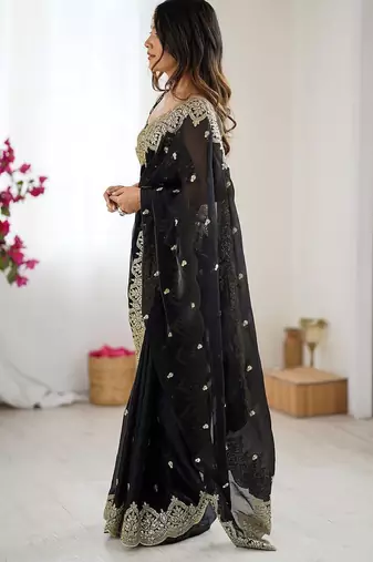 Black embellished sequinned chiffon designer saree