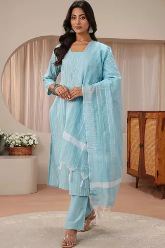 libas blue striped woven design straight suit set
