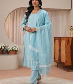 libas blue striped woven design straight suit set