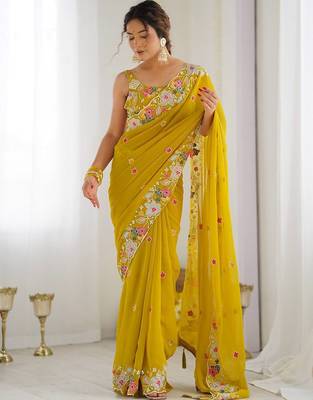 Mustard women ethnic motifs sequinned saree with blouse piece 1