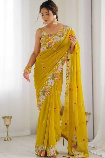 Mustard women ethnic motifs sequinned saree with blouse piece
