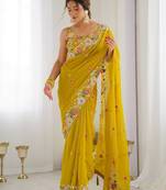 Mustard women ethnic motifs sequinned saree with blouse piece