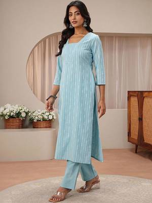 libas blue striped woven design straight suit set 2