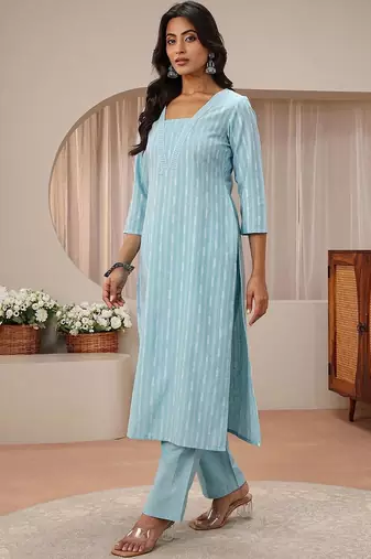 libas blue striped woven design straight suit set