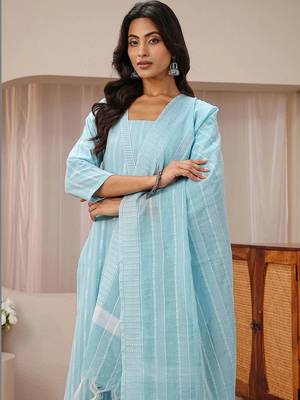 libas blue striped woven design straight suit set 3