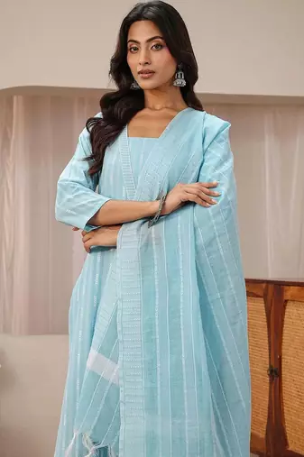 libas blue striped woven design straight suit set