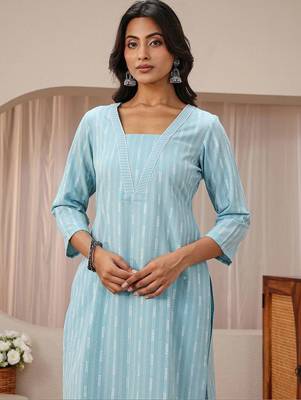 libas blue striped woven design straight suit set 4
