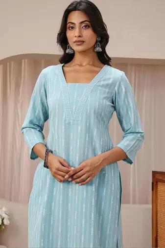 libas blue striped woven design straight suit set