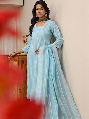 libas blue striped woven design straight suit set 5