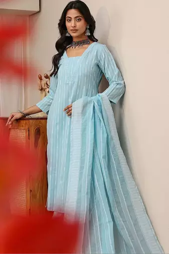 libas blue striped woven design straight suit set