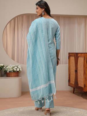 libas blue striped woven design straight suit set 6