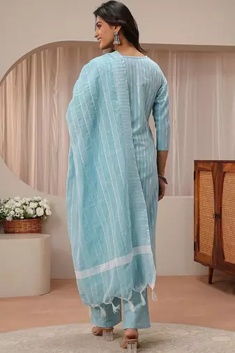 libas blue striped woven design straight suit set