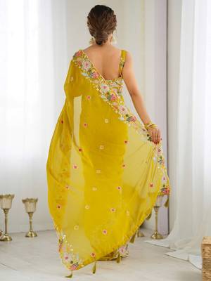 Mustard women ethnic motifs sequinned saree with blouse piece 2