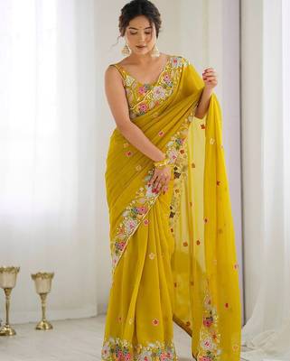 Mustard women ethnic motifs sequinned saree with blouse piece 3