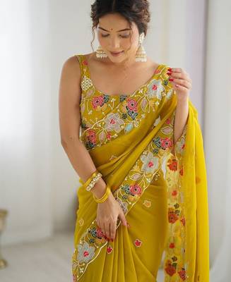 Mustard women ethnic motifs sequinned saree with blouse piece 4