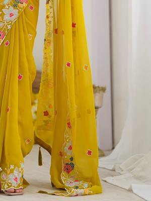 Mustard women ethnic motifs sequinned saree with blouse piece 5