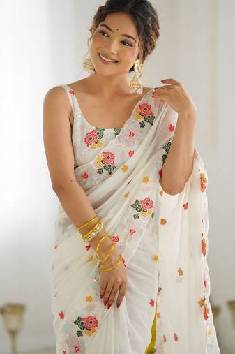 White floral sequinned saree
