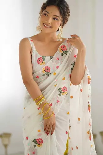 White floral sequinned saree