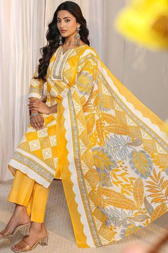 libas yellow geometric printed straight suit set with dupatta
