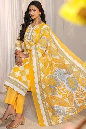 libas yellow geometric printed straight suit set with dupatta