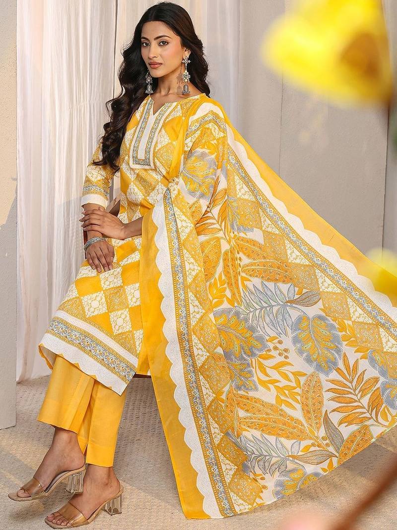 libas yellow geometric printed straight suit set with dupatta