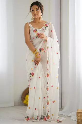 White floral sequinned saree