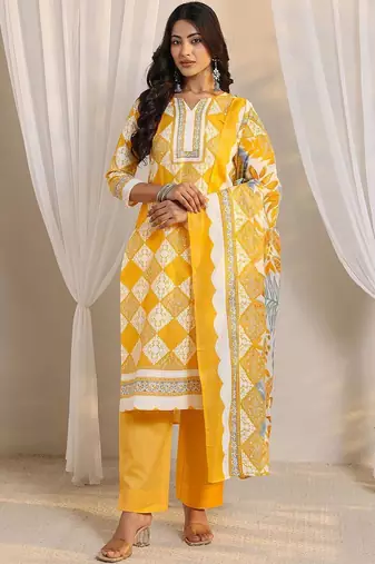 libas yellow geometric printed straight suit set with dupatta