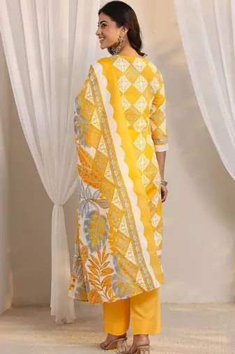 libas yellow geometric printed straight suit set with dupatta