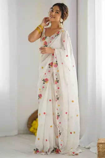 White floral sequinned saree