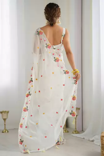 White floral sequinned saree