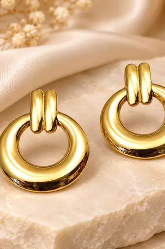 Anti-tarnish door knocker style, polished finish, chunky hoop design, women's jewellery.